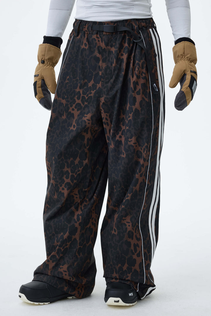 Men's Gray Leopard Retro Track Stripe Reflective Baggy Snow Pants