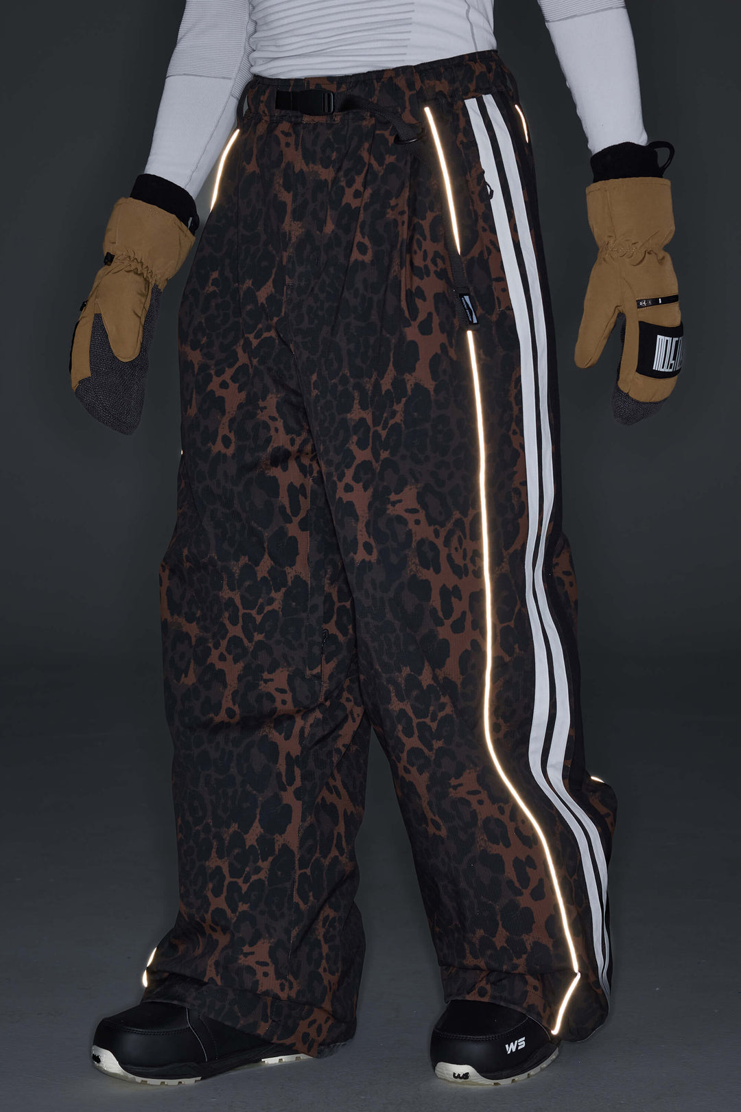 Men's Gray Leopard Retro Track Stripe Reflective Baggy Snow Pants