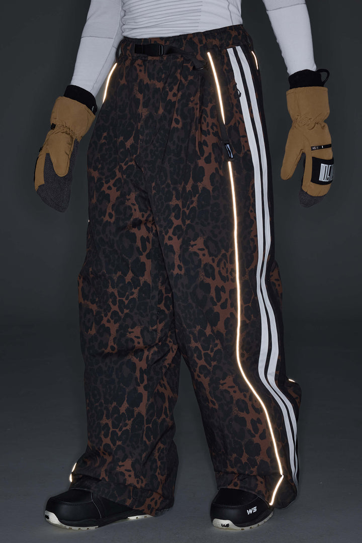 Men's Gray Leopard Retro Track Stripe Reflective Baggy Snow Pants