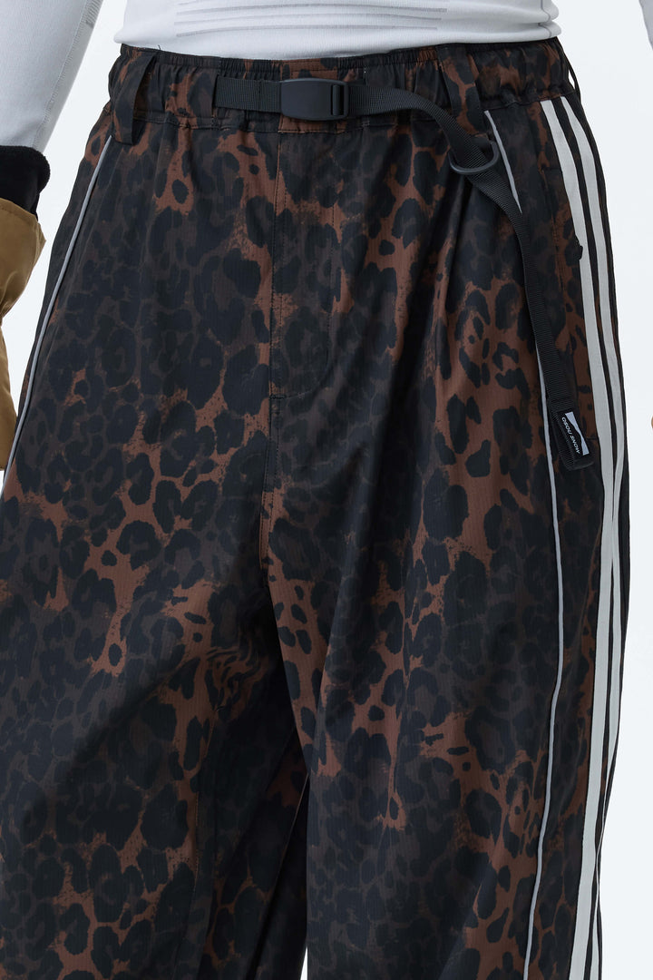 Men's Brown Leopard Retro Track Stripe Reflective Baggy Snow Pants