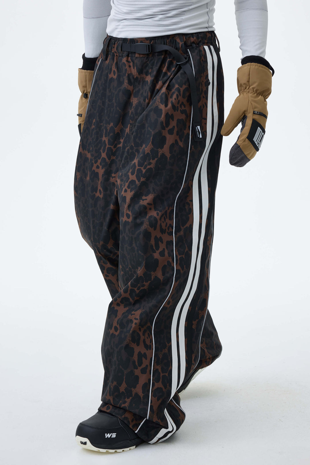 Men's Gray Leopard Retro Track Stripe Reflective Baggy Snow Pants