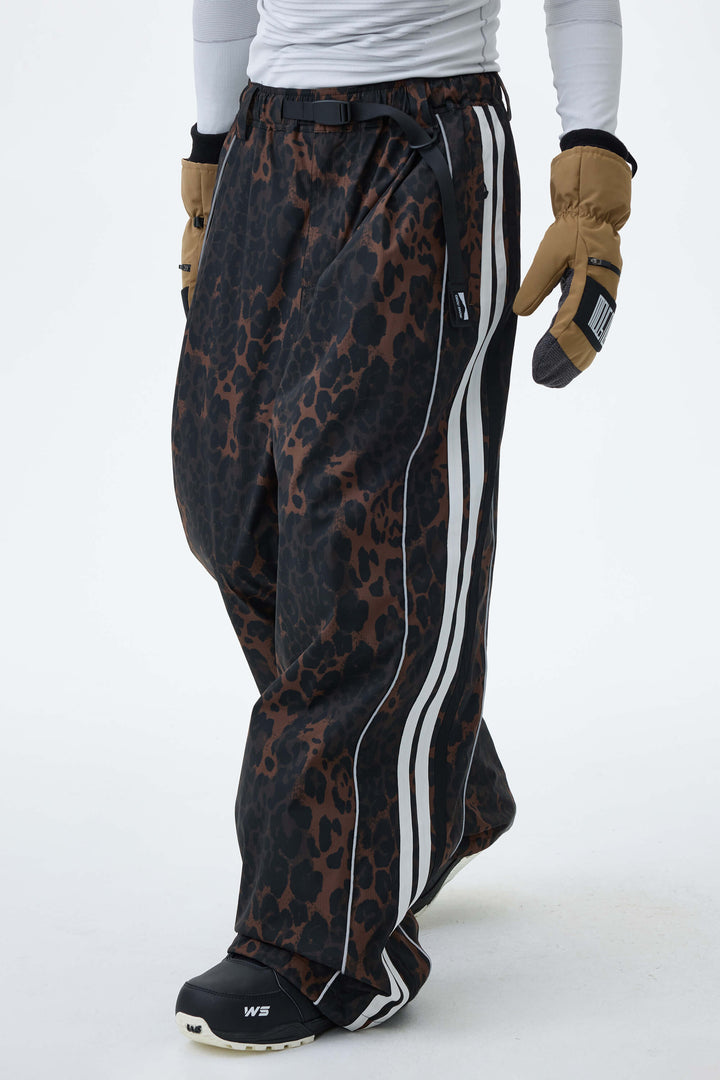 Men's Gray Leopard Retro Track Stripe Reflective Baggy Snow Pants