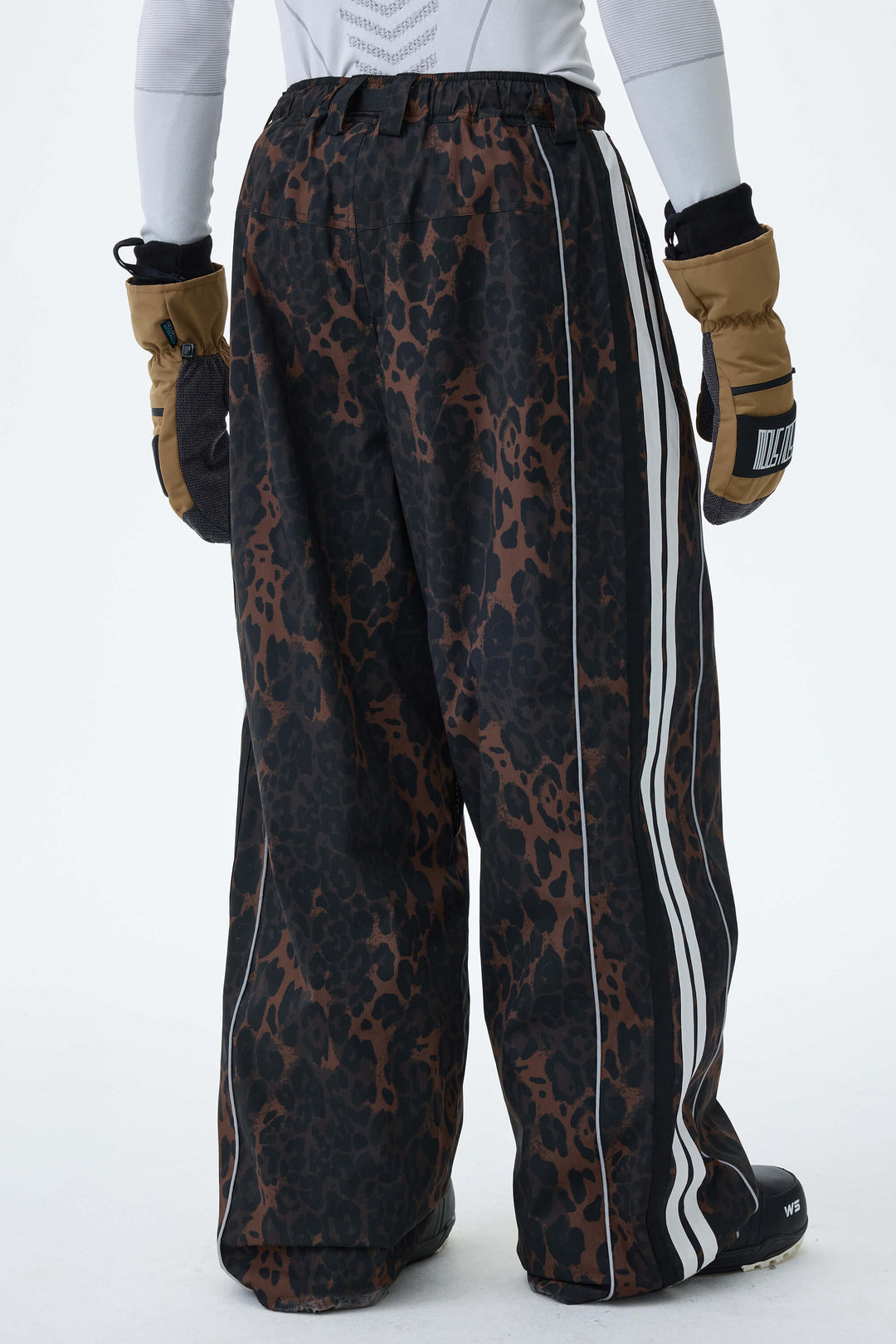 Men's Brown Leopard Retro Track Stripe Reflective Baggy Snow Pants