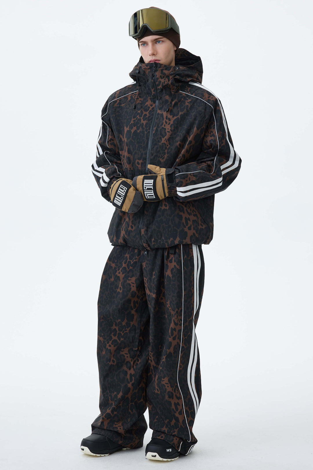 Men's Brown Leopard Retro Track Stripe Reflective Baggy Snow Pants