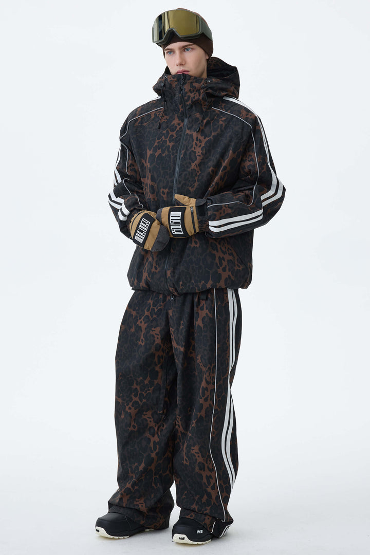 Men's Brown Leopard Retro Track Stripe Reflective Baggy Snow Pants