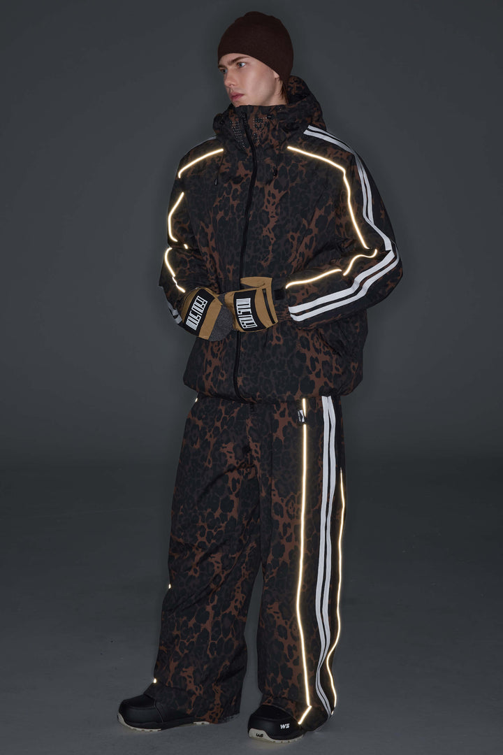Men's Brown Leopard Retro Track Stripe Reflective Baggy Snow Pants