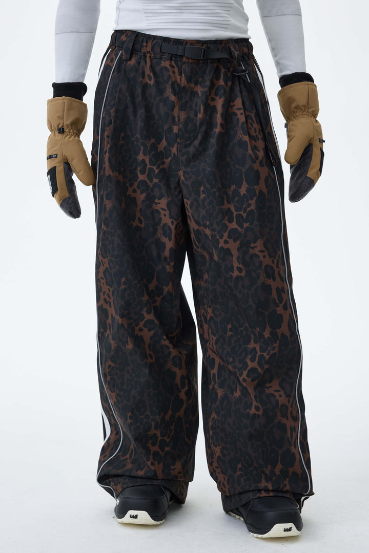 Men's Brown Leopard Retro Track Stripe Reflective Baggy Snow Pants