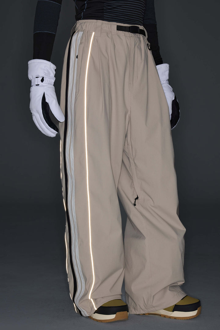 Men's Gray Leopard Retro Track Stripe Reflective Baggy Snow Pants