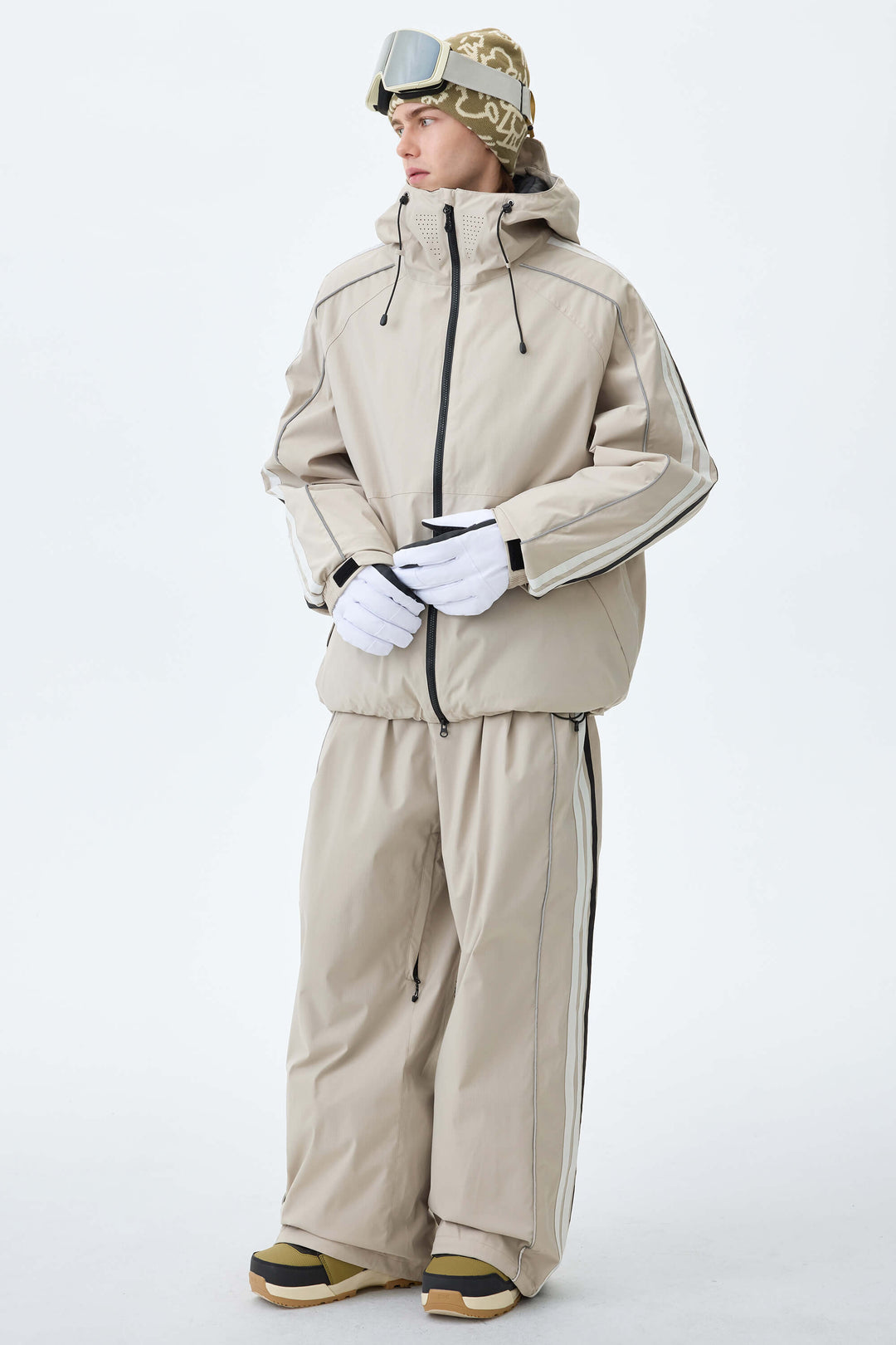 Men's Oat Milk Retro Track Stripe Reflective Baggy Snow Pants