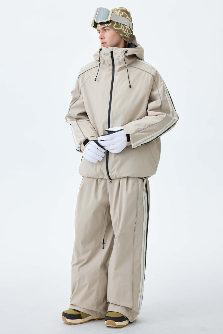 Men's Oat Milk Retro Track Stripe Reflective Baggy Snow Pants