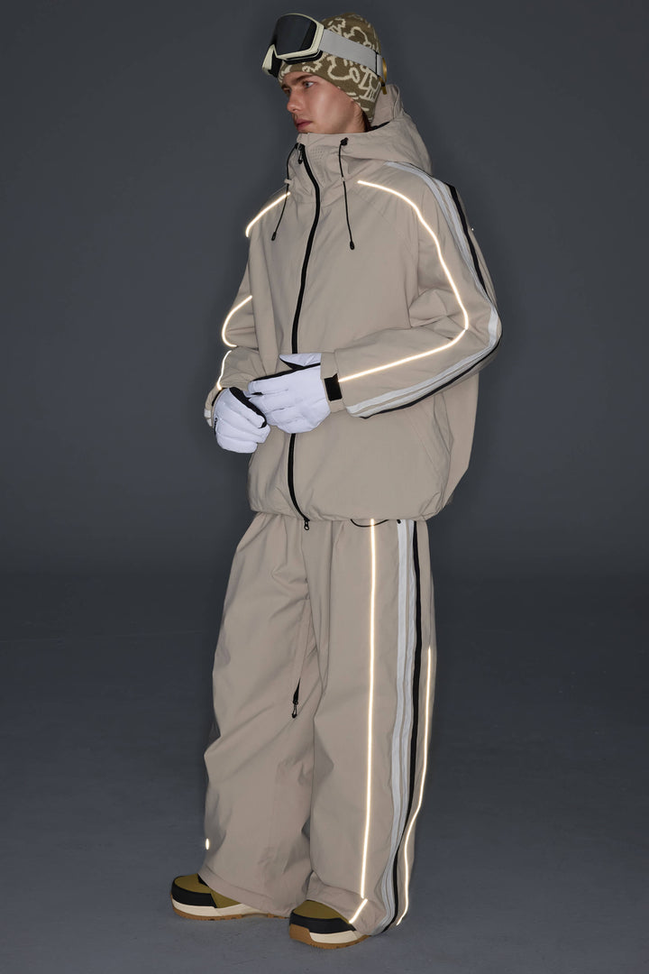 Men's Oat Milk Retro Track Stripe Reflective Baggy Snow Pants