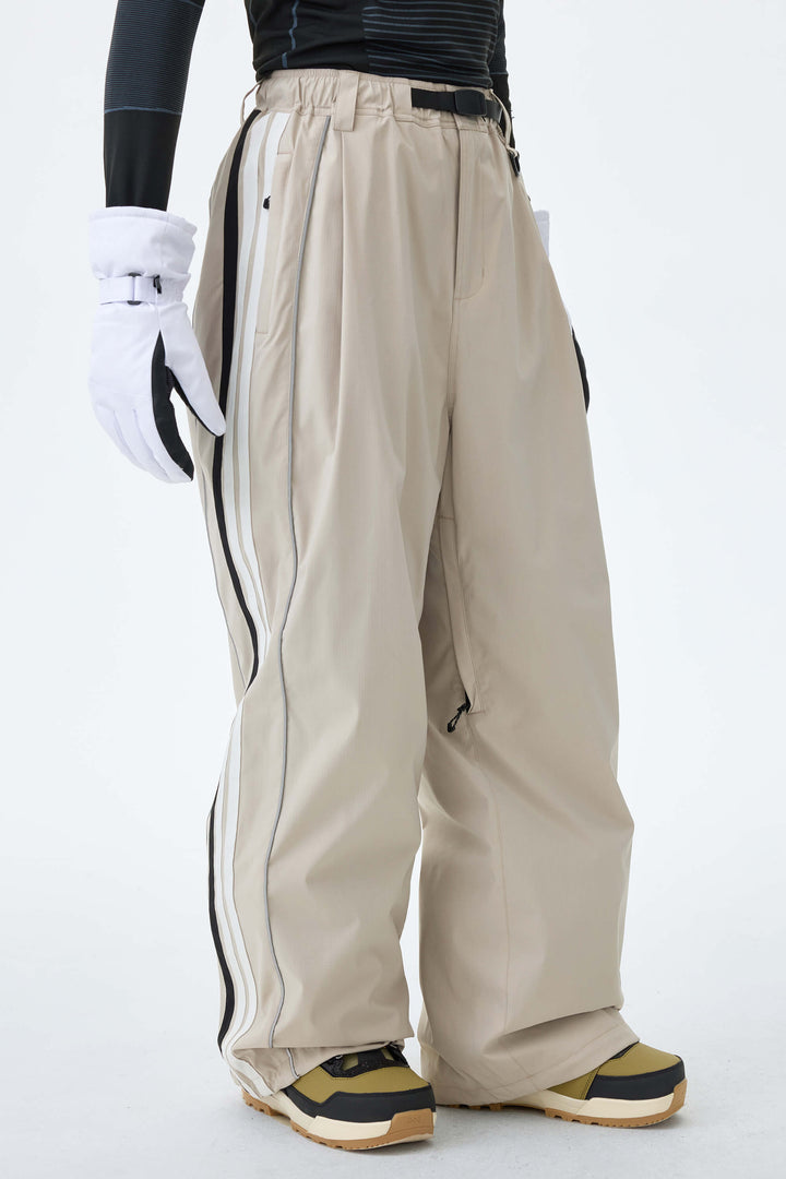 Men's Oat Milk Retro Track Stripe Reflective Baggy Snow Pants