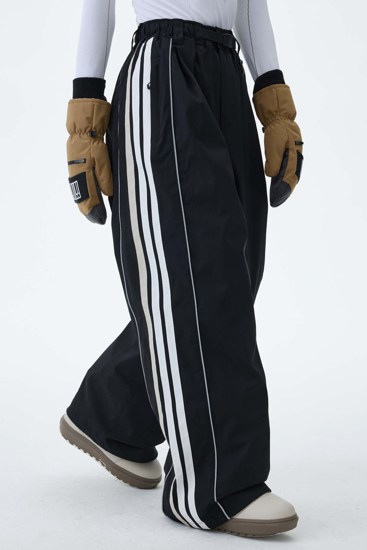 Women's Mono Leopard Retro Track Stripe Reflective Baggy Snow Pants
