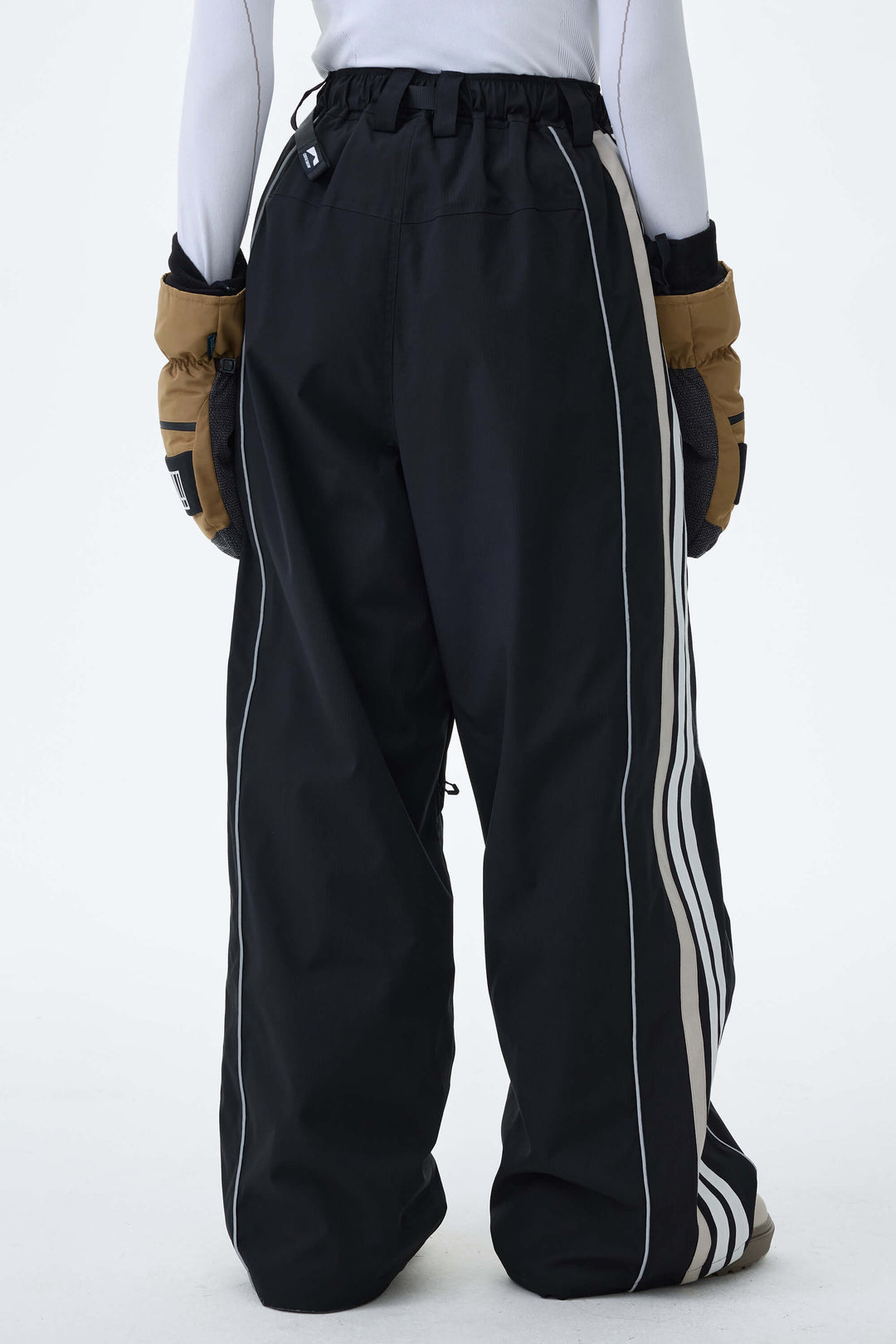 Women's Black Retro Track Stripe Reflective Baggy Snow Pants