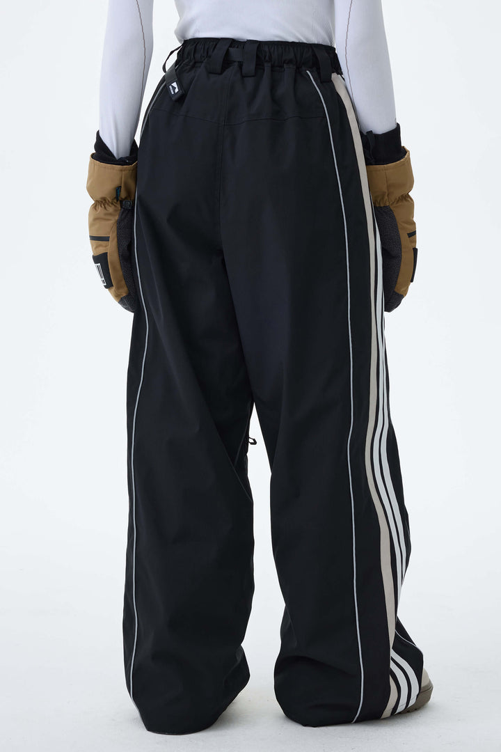 Women's Black Retro Track Stripe Reflective Baggy Snow Pants