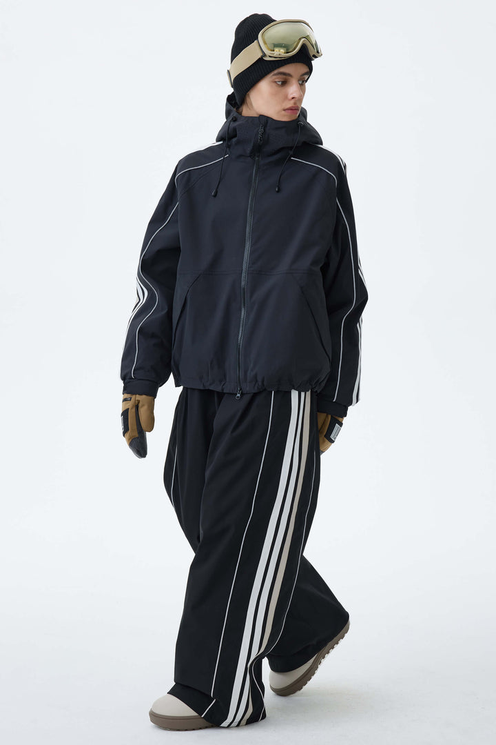 Women's Black Retro Track Stripe Reflective Baggy Snow Pants