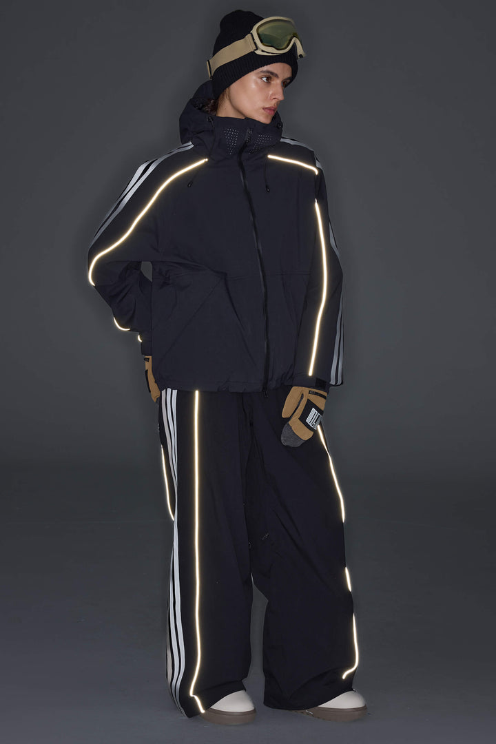 Women's Black Retro Track Stripe Reflective Baggy Snow Pants