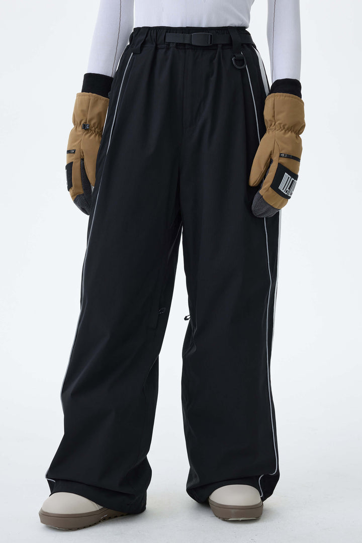 Women's Black Retro Track Stripe Reflective Baggy Snow Pants