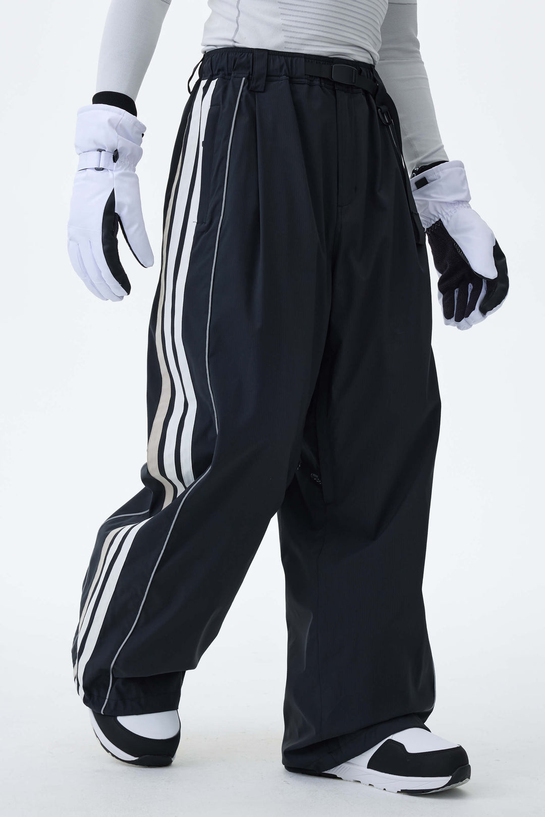 Men's Gray Leopard Retro Track Stripe Reflective Baggy Snow Pants