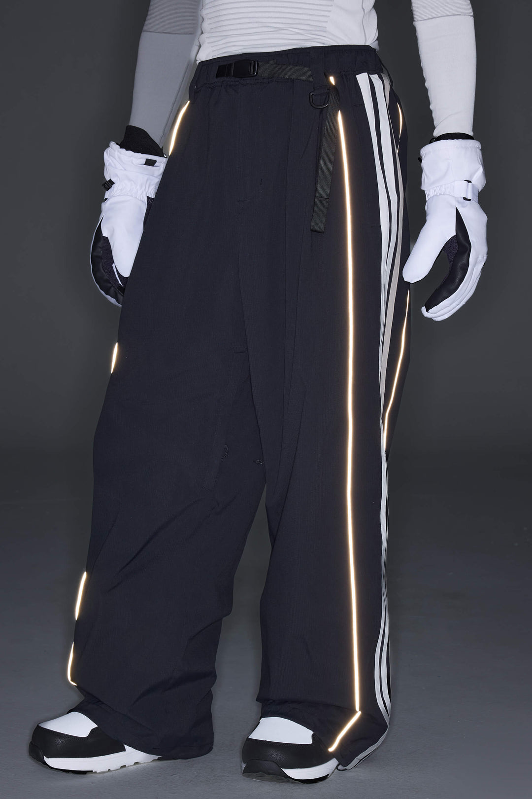 Men's Gray Leopard Retro Track Stripe Reflective Baggy Snow Pants