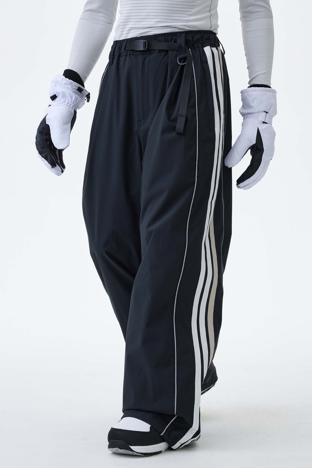 Men's Gray Leopard Retro Track Stripe Reflective Baggy Snow Pants