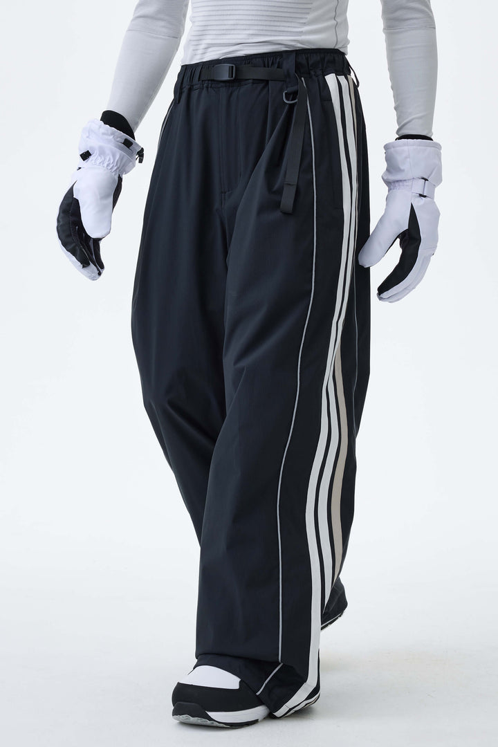 Men's Gray Leopard Retro Track Stripe Reflective Baggy Snow Pants