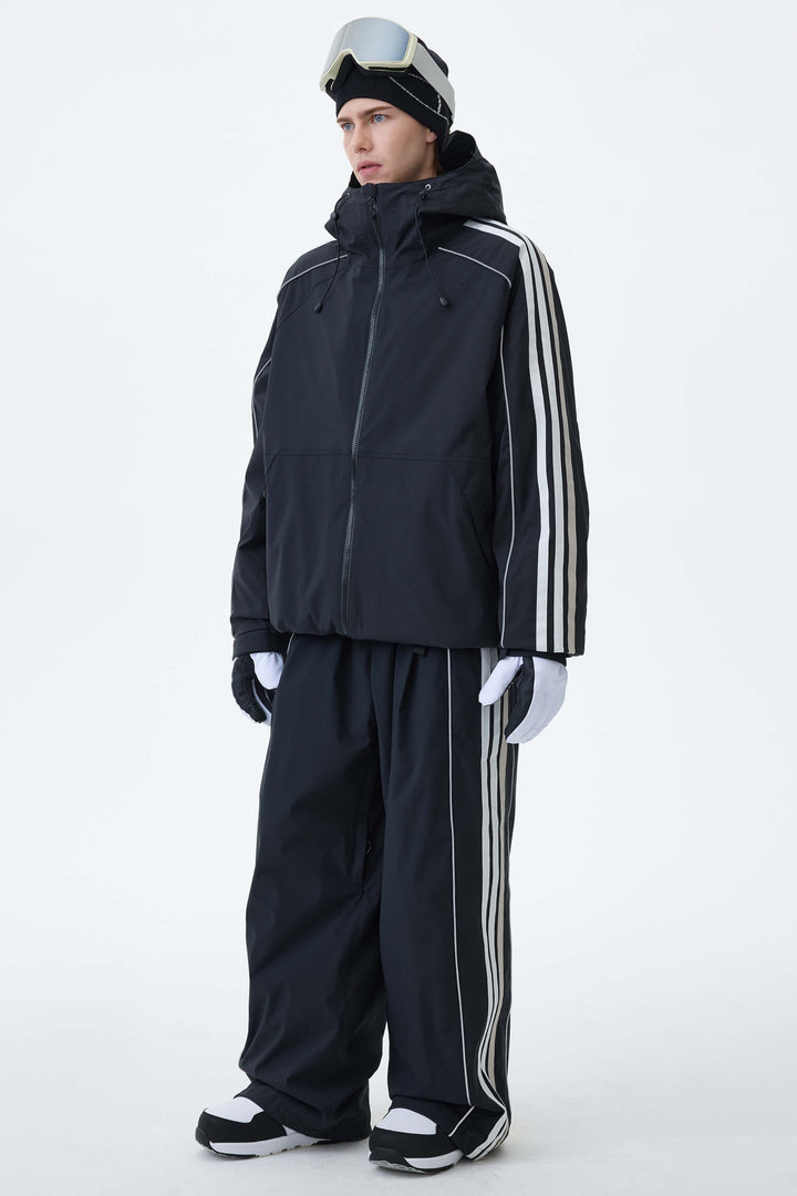 Men's Black Retro Track Stripe Reflective Baggy Snow Pants