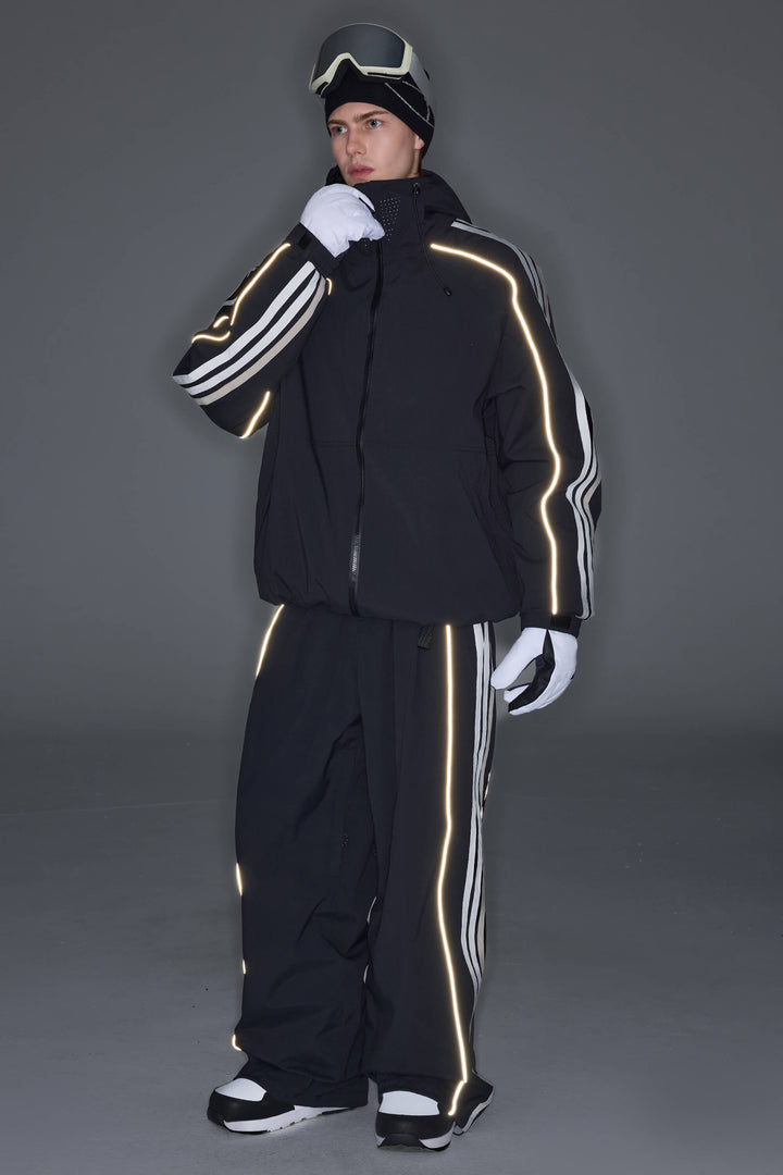 Men's Black Retro Track Stripe Reflective Baggy Snow Pants