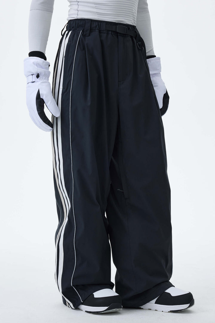 Men's Black Retro Track Stripe Reflective Baggy Snow Pants