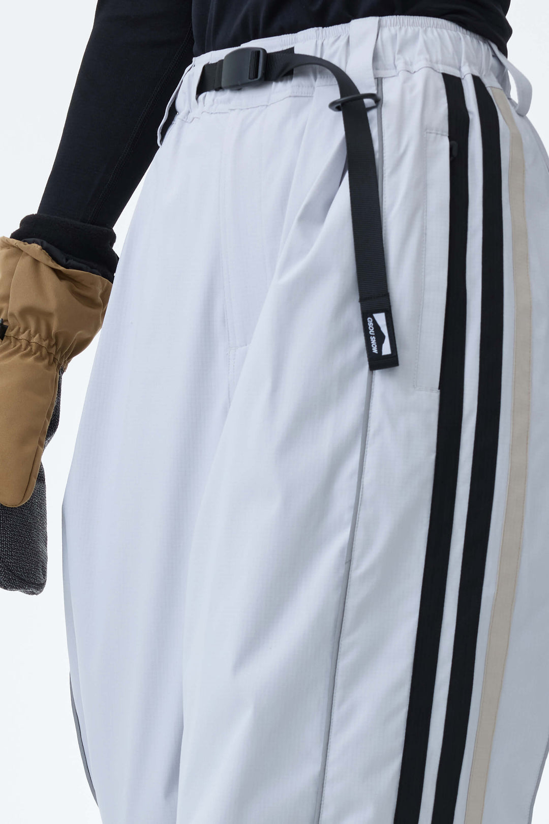 Women's Light Gray Retro Track Stripe Reflective Baggy Snow Pants