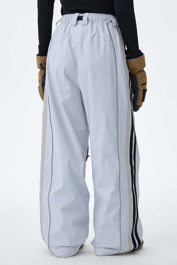 Women's Light Gray Retro Track Stripe Reflective Baggy Snow Pants