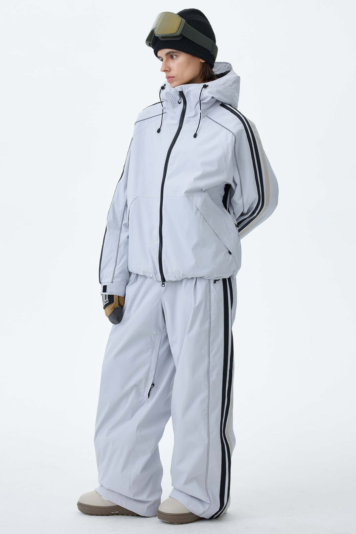 Women's Light Gray Retro Track Stripe Reflective Baggy Snow Pants