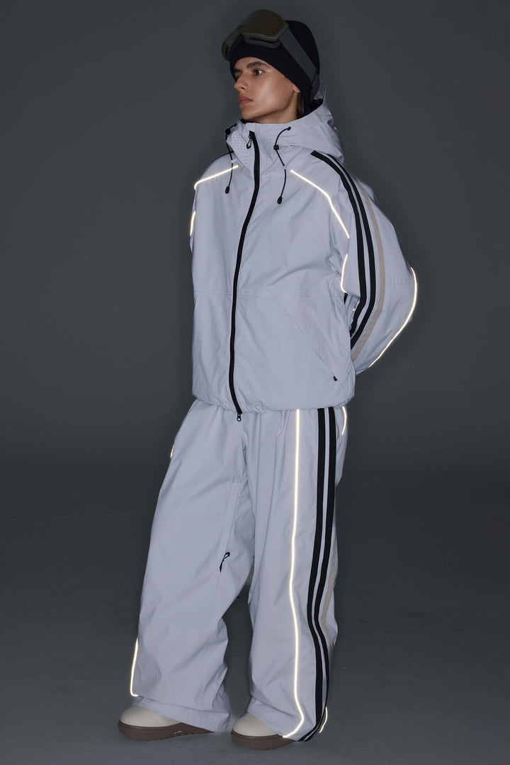Women's Light Gray Retro Track Stripe Reflective Baggy Snow Pants