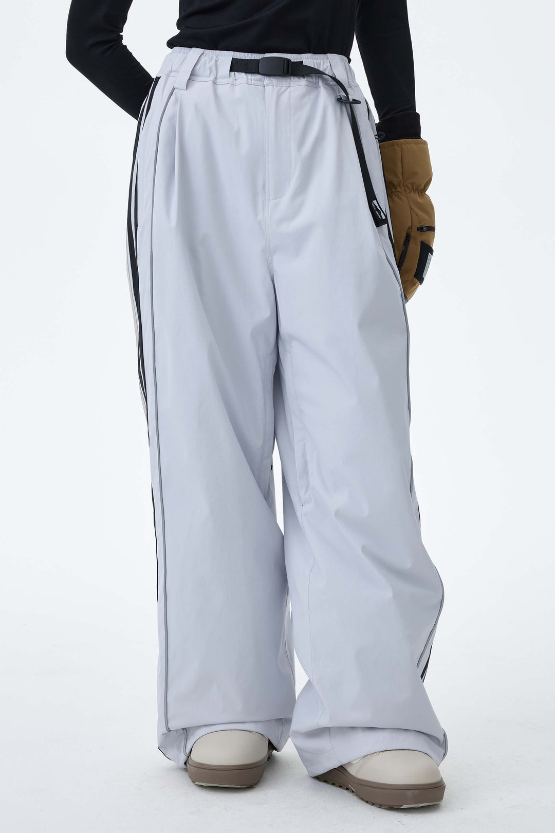 Women's Light Gray Retro Track Stripe Reflective Baggy Snow Pants