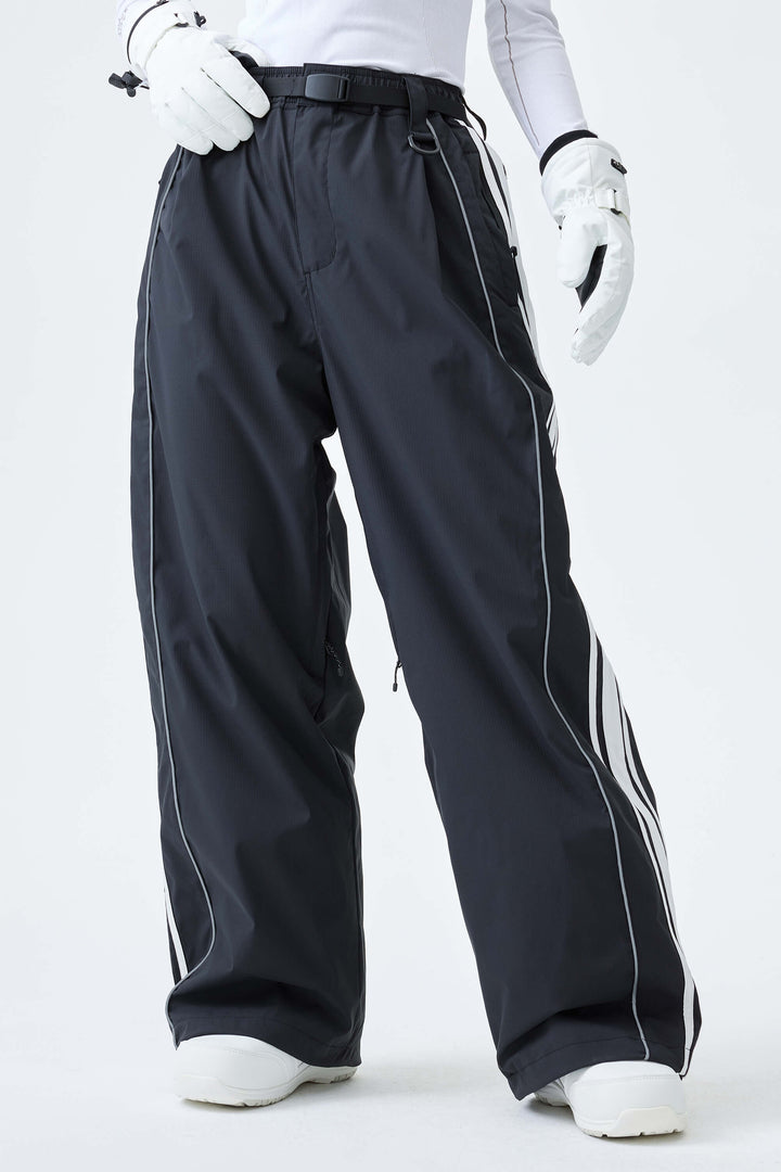 Women's Black Retro Baggy Side Stripe Reflective Snow Pants