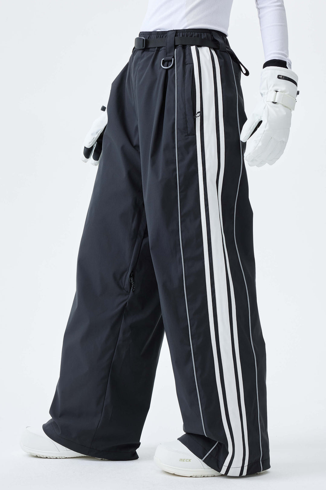Women's Black Retro Baggy Side Stripe Reflective Snow Pants