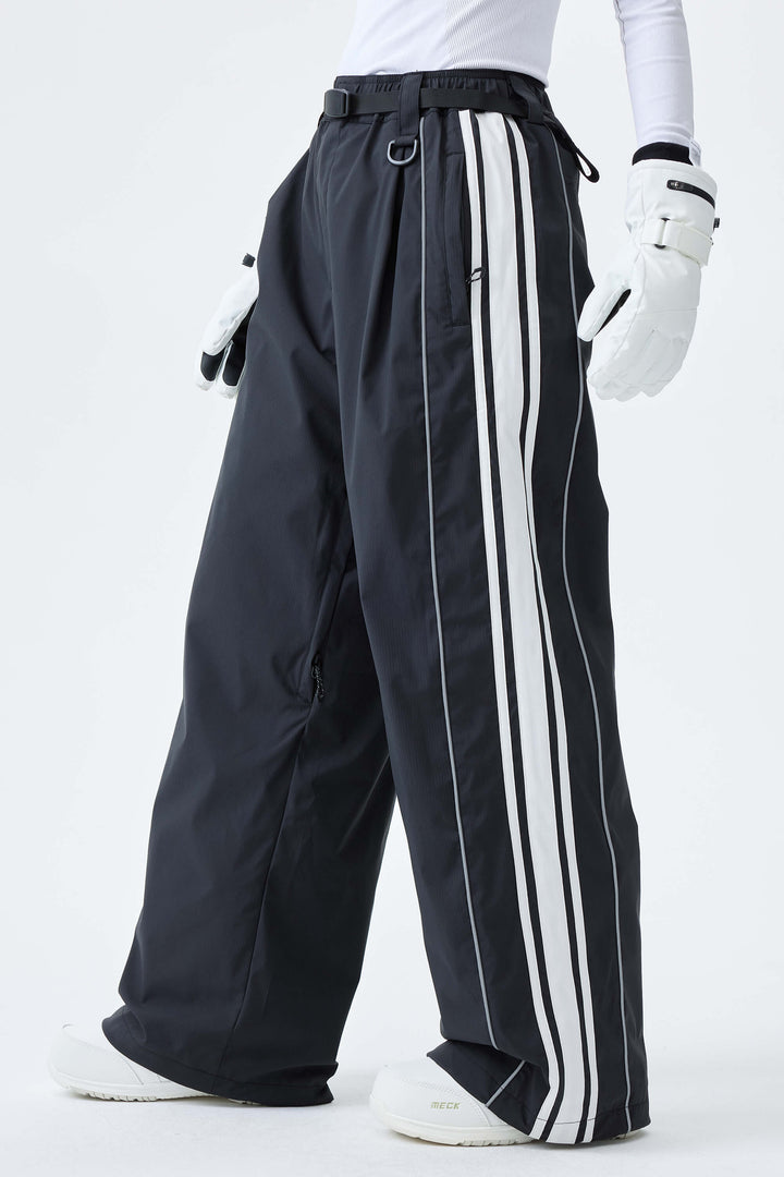 Women's Black Retro Baggy Side Stripe Reflective Snow Pants