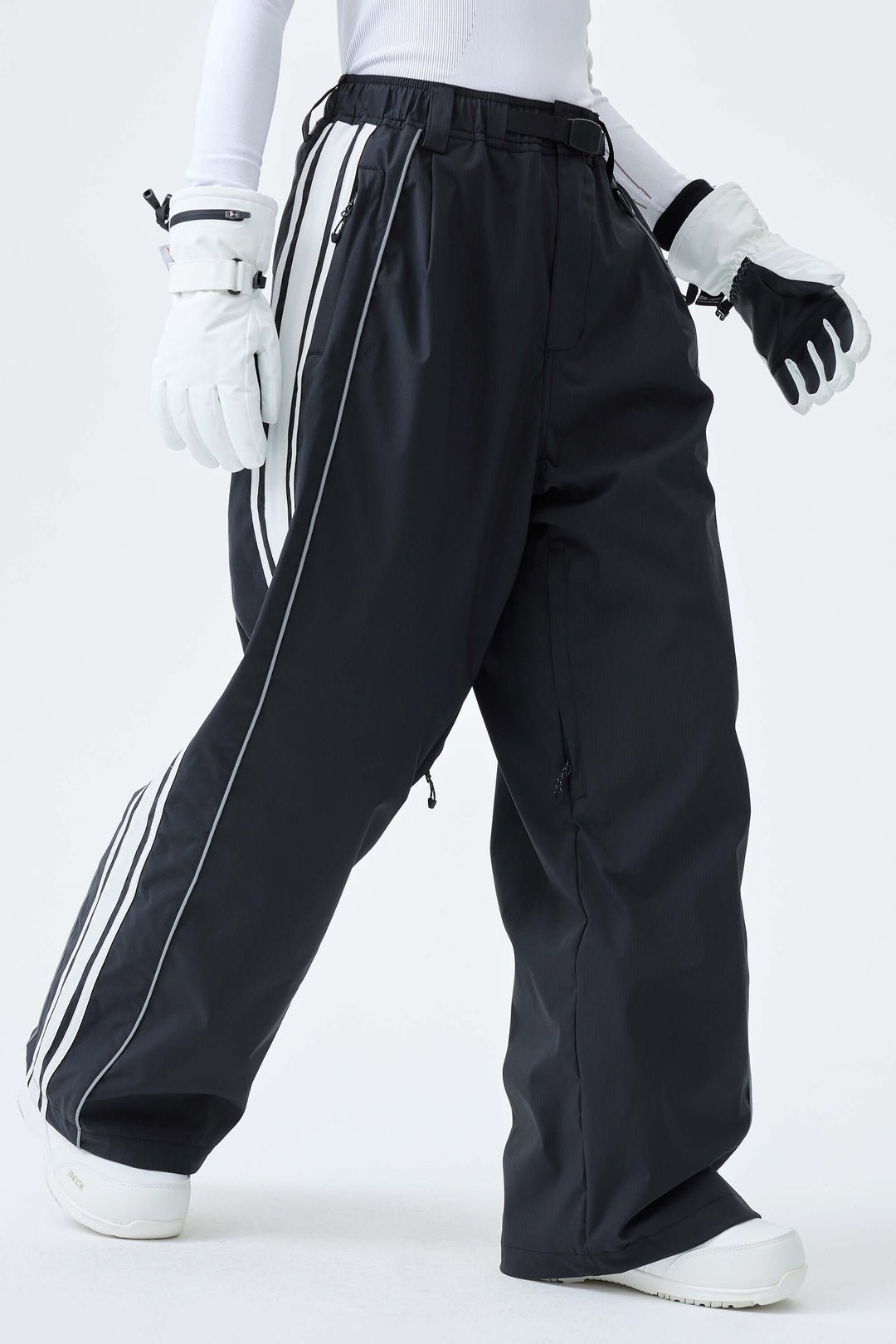 Women's Black Retro Baggy Side Stripe Reflective Snow Pants