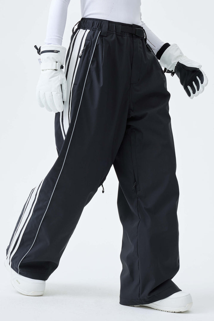 Women's Black Retro Baggy Side Stripe Reflective Snow Pants