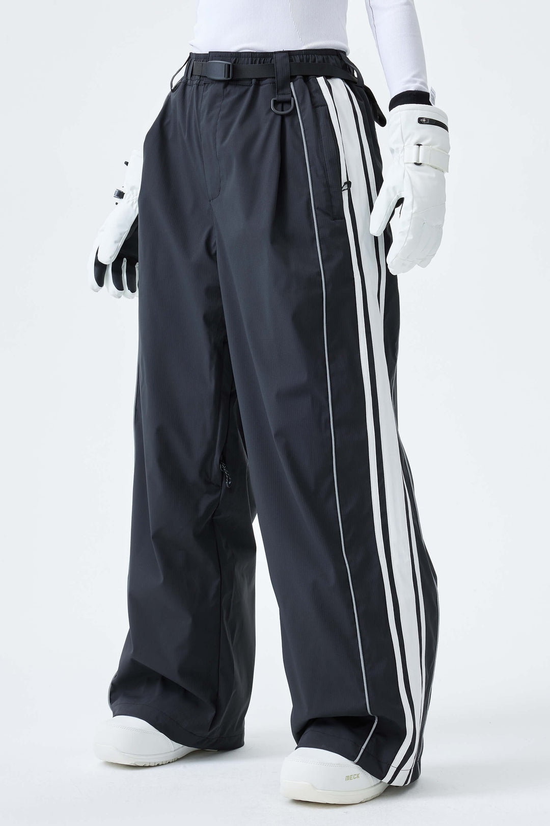 Women's Black Retro Baggy Side Stripe Reflective Snow Pants