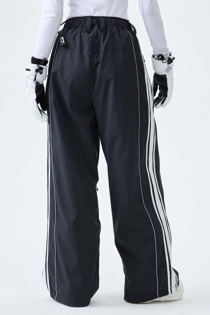 Women's Black Retro Baggy Side Stripe Reflective Snow Pants