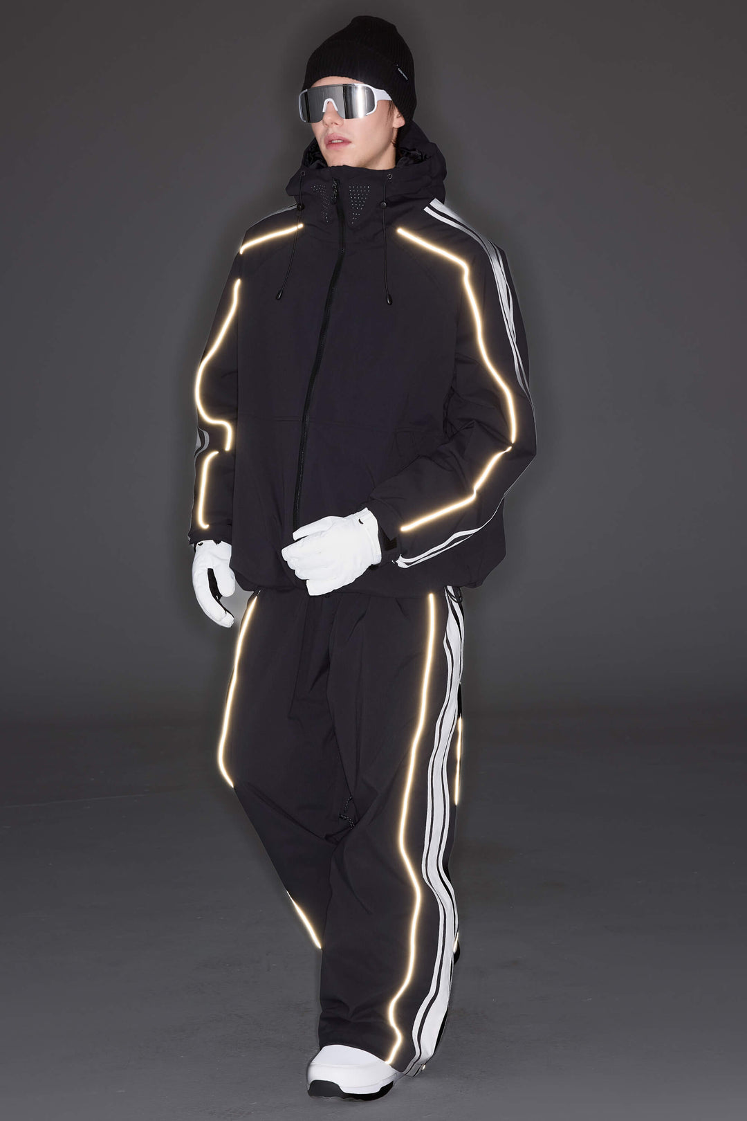 Women's Black Retro Baggy Side Stripe Reflective Snow Pants