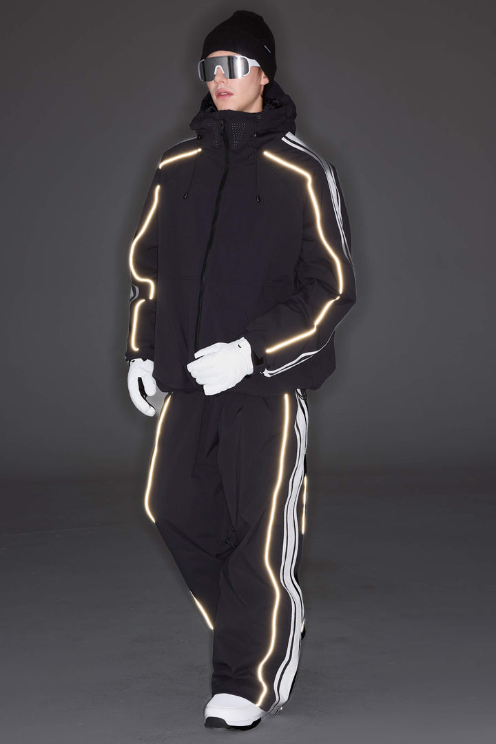 Women's Black Retro Baggy Side Stripe Reflective Snow Pants