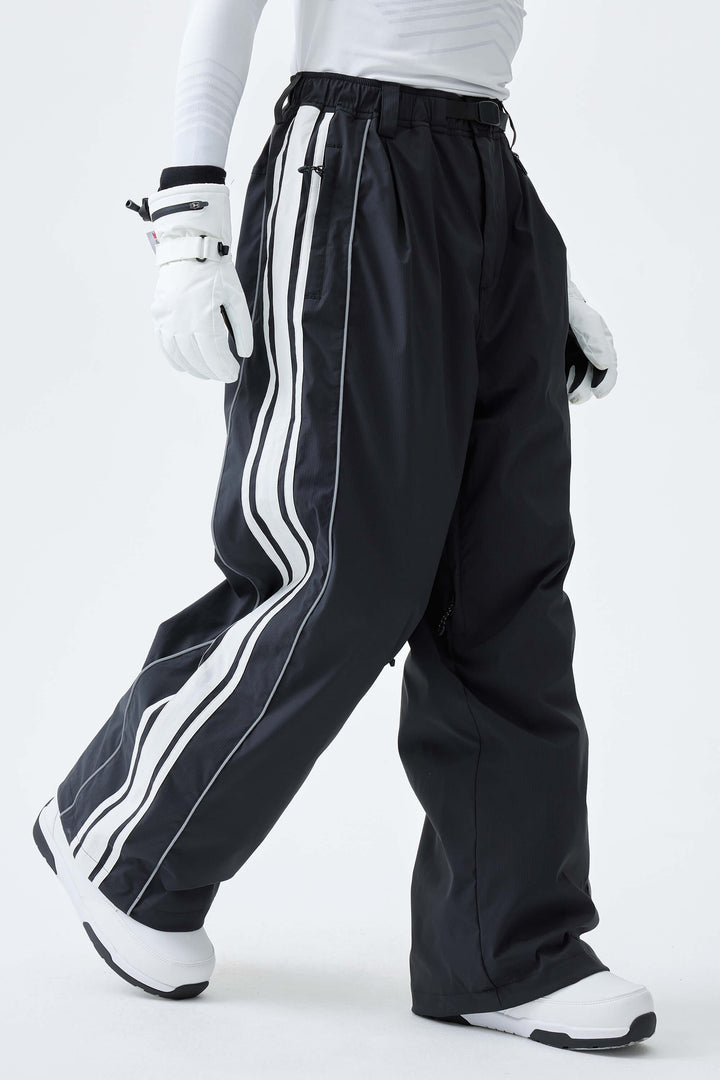 Men's Black Retro Baggy Side Stripe Reflective Snow Pants
