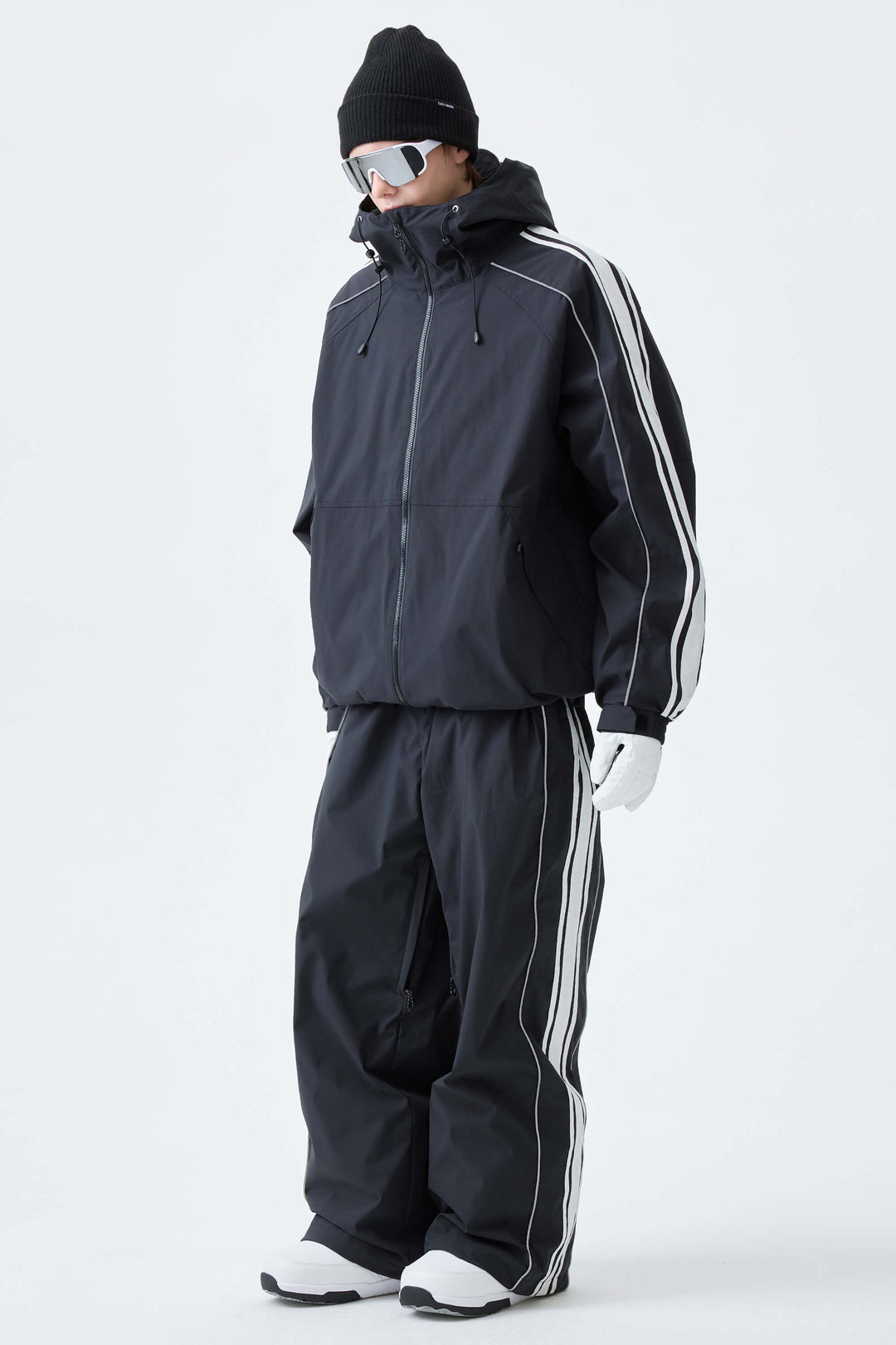 Men's Black Retro Baggy Side Stripe Reflective Snow Pants