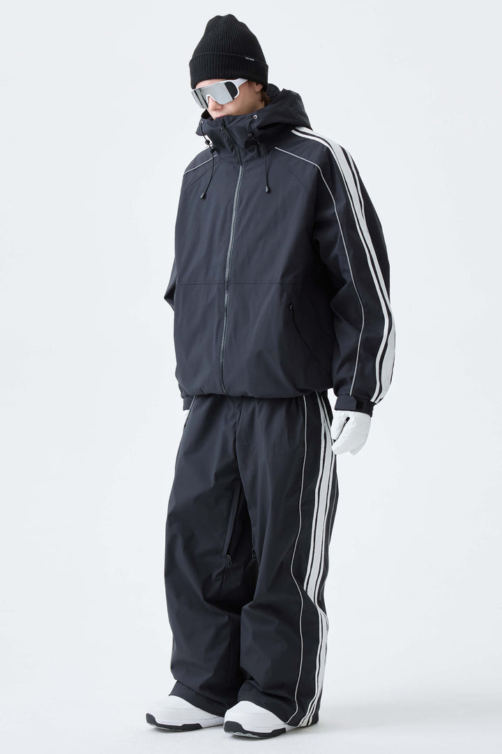 Men's Black Retro Baggy Side Stripe Reflective Snow Pants