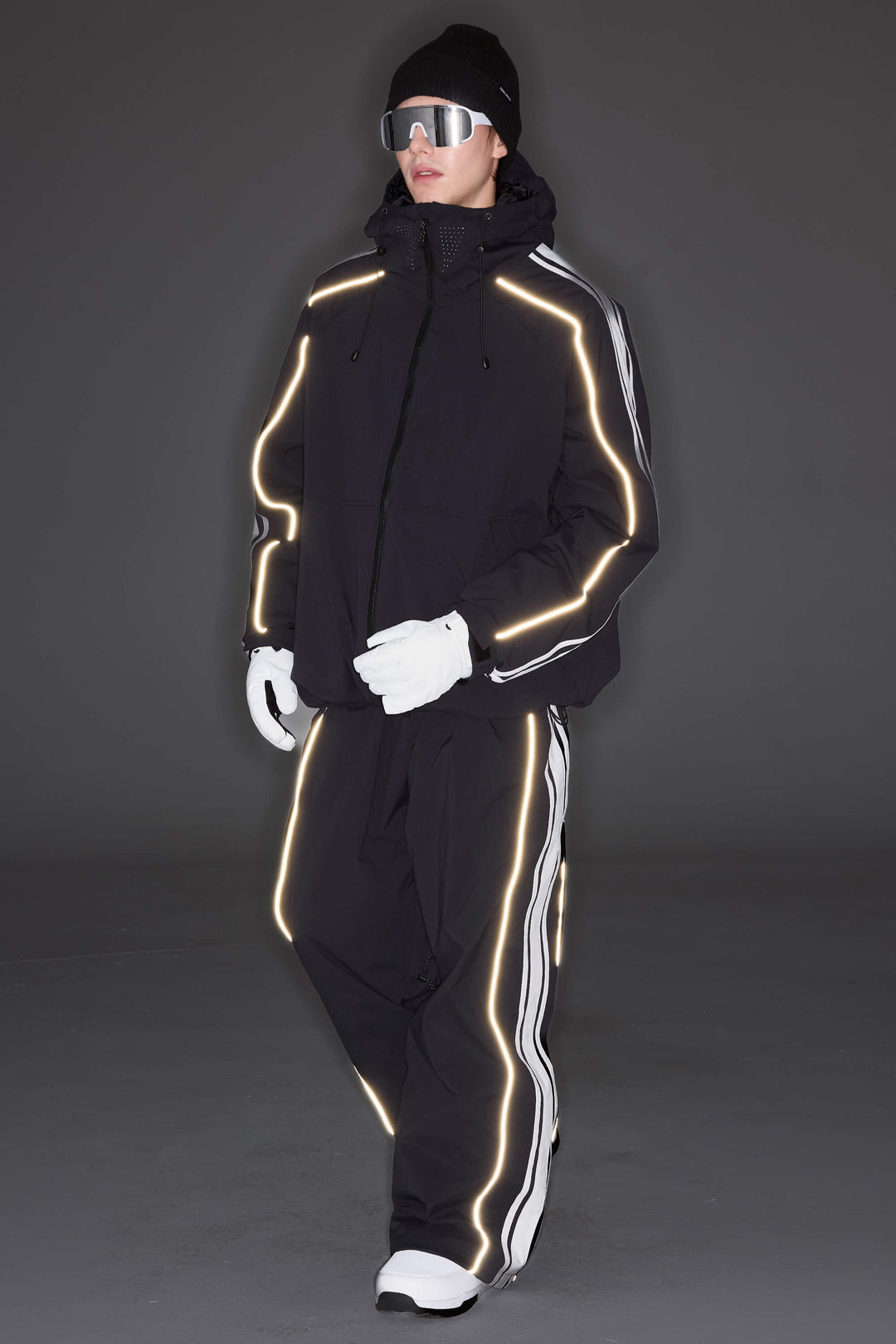 Men's Black Retro Baggy Side Stripe Reflective Snow Pants