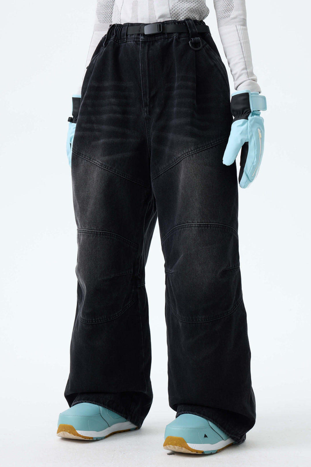 Women's Ice Blue Wash Real Denim Articulated-Knee Baggy Snow Pants