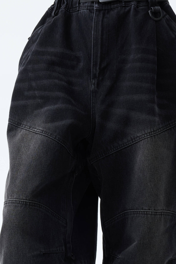 Women's Washed Black Real Denim Articulated-Knee Baggy Snow Pants