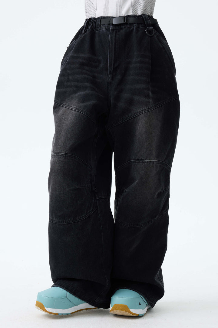 Women's Washed Black Real Denim Articulated-Knee Baggy Snow Pants